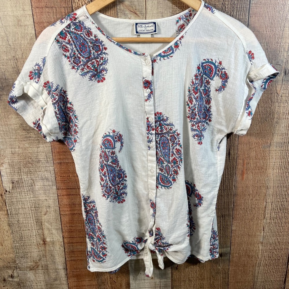 Peter Dunham Lucky Brand Paisley Tie Front Blouse Medium Sheer Cotton Gauze